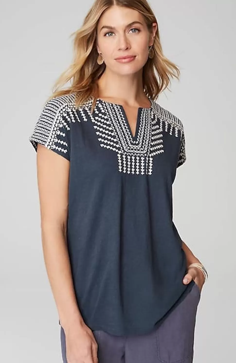 Pure Jill Embroidered Split-Neck Tee | Jjill | J.Jill Hot