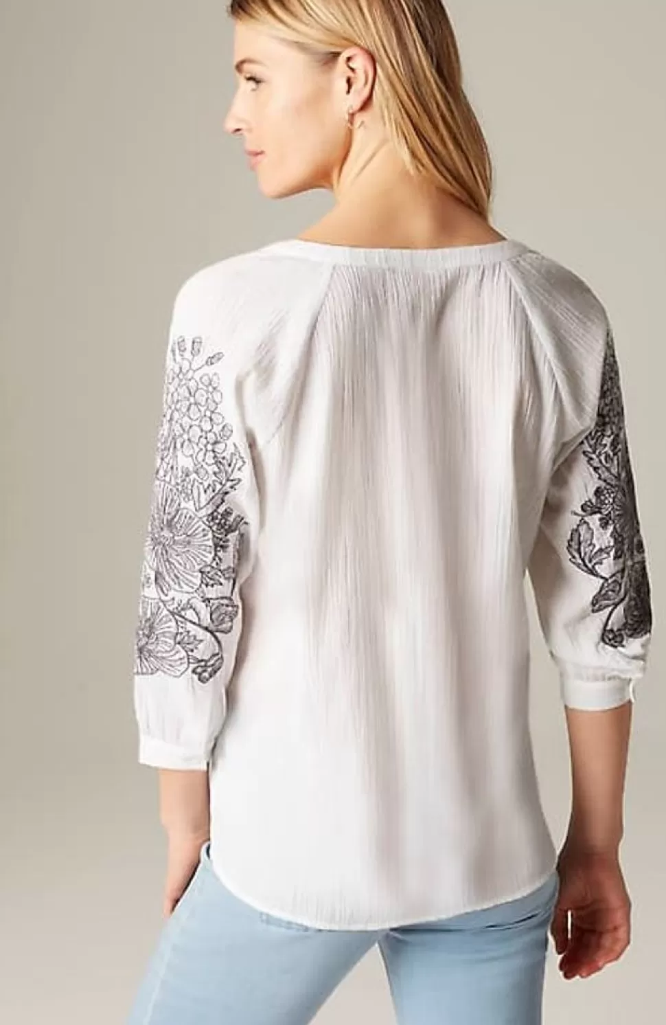 Pure Jill Embroidered-Sleeve Crinkled Top | Jjill | J.Jill Fashion