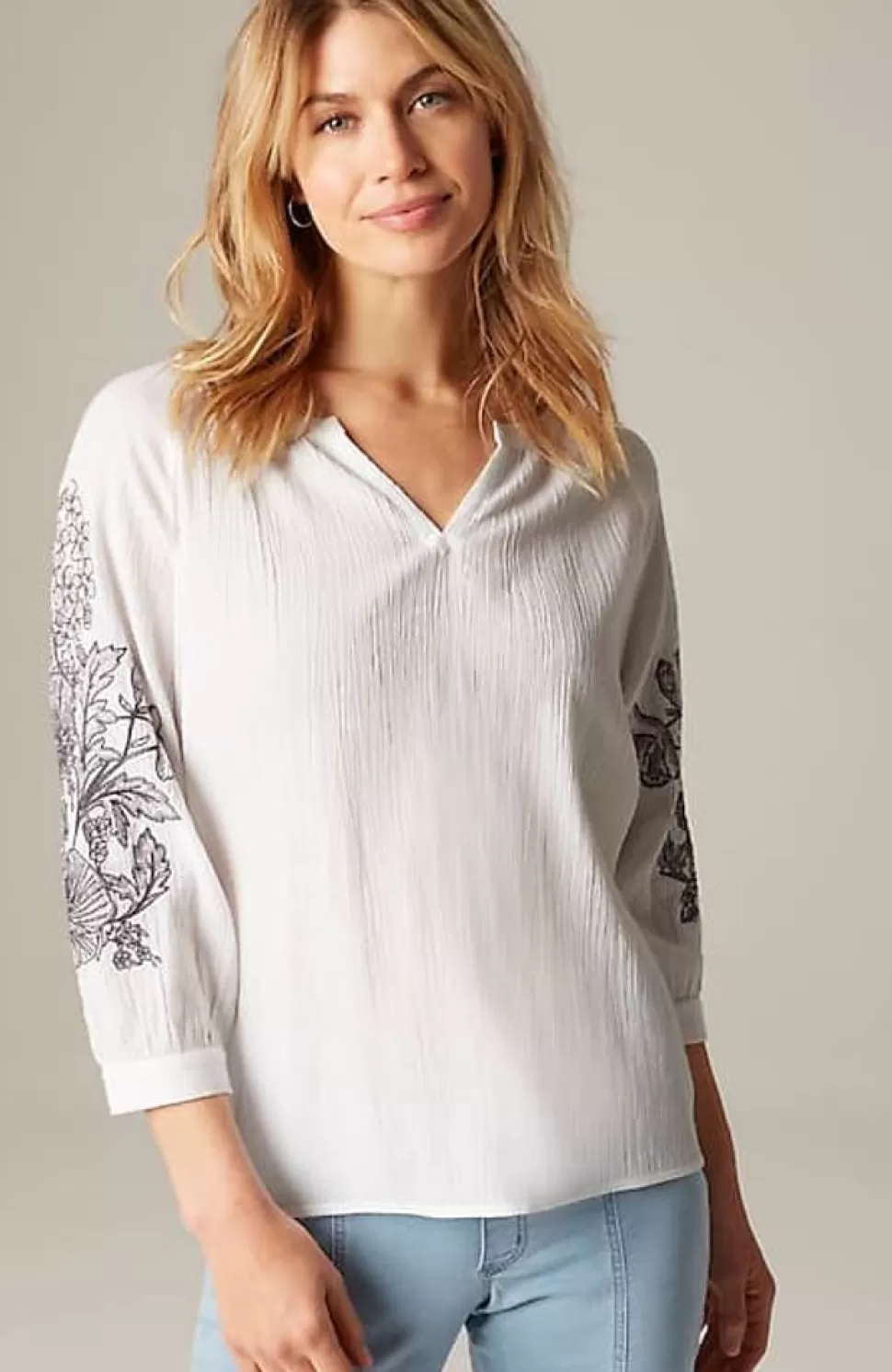 Pure Jill Embroidered-Sleeve Crinkled Top | Jjill | J.Jill Fashion